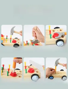 Detailed view of wooden tool car parts showing assembly screws, nuts and wrench
