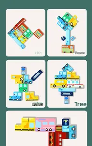 Detail view of colorful wooden blocks showing fish, flower, robot, and tree patterns