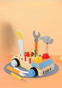 Detail of wooden tool truck set with colorful nuts, bolts and toy wrench for toddlers