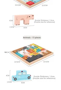 Detailed view of 3D wooden animal puzzles with block dimensions and colorful patterns