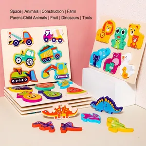 Educational geometric wooden jigsaw puzzle set for toddlers featuring colorful animals