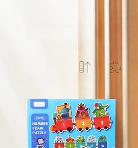 Detailed close-up of 20pcs wooden number train puzzle toy with colorful animal illustrations