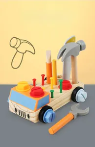 Detailed close-up of wooden toy workbench with colorful nuts, bolts and toy tools