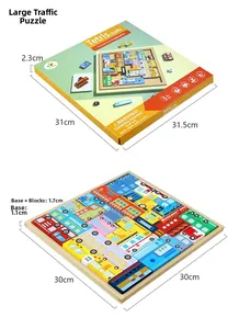 Detail view of colorful wooden vehicle puzzles and packaging box for children