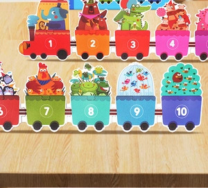 Detail of wooden number train puzzle featuring colorful cartoon animals for early learning