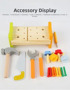 Detailed view of wooden tool bench kit including hammer, saw, wrench, and colorful nuts
