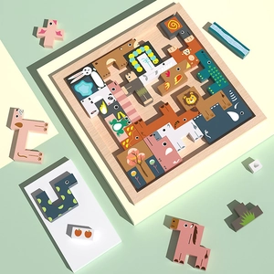 Childrens colorful wooden 3D animal tetris puzzle with lion and panda block pieces