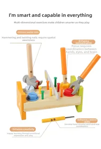 Detail of wooden tool workbench with hammers, screws, and nails for early STEM learning