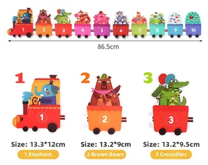 Detailed size specifications for kids' wooden animal train counting and number matching puzzles