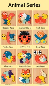 Detail view of 12 sets 3D wooden animal puzzles for kids early learning and development