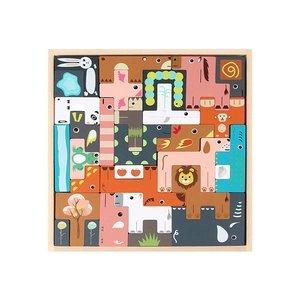 Creative wooden animal puzzle blocks with colorful lion and elephant figures for kids