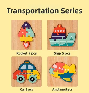 Detail of 4-piece wooden transport puzzles showing rocket, ship, car, and plane designs