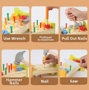 Detail showing various assembly actions like screwing and hammering with wooden tools