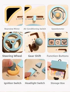 Detail shots of wooden montessori driving board showing steering wheel and gear shift
