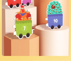 Detailed view of colorful number train puzzles with animal illustrations for early learning