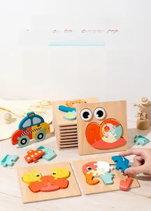 Macro shot of thick 3D wooden animal puzzles with smooth edges for toddlers