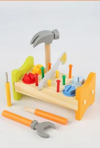 Macro shot of colorful wooden screws and bolts on a natural wood toy workbench set