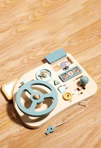 Detailed close-up of Montessori wooden steering wheel toy with interactive gear shift and key