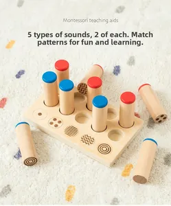 Detail of Montessori sensory wooden sticks with geometric patterns and pairing base