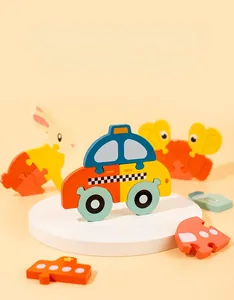Detailed view of thick wooden puzzle pieces showing 3D animal shapes and stand-up design