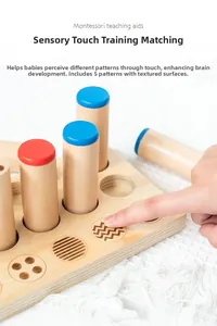 Adult hand touching textured Montessori sensory wooden board with colorful pegs
