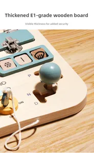 Close-up of wooden Montessori busy board with gear lever and metal buckle details