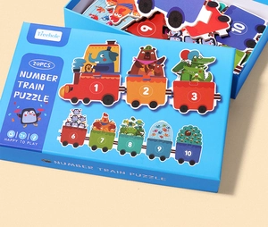 Detail view of Number Train Puzzle packaging featuring colorful animal and digit illustrations