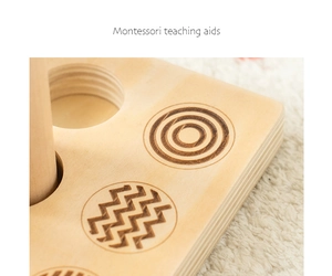 Macro detail of Montessori wooden teaching aid with engraved wave patterns and smooth holes
