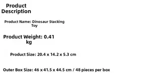 Detailed specification chart for dinosaur balance stacking toy with size and weight info