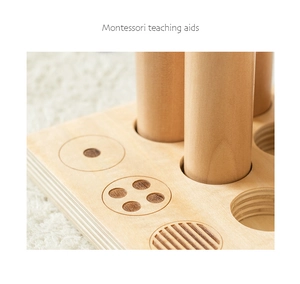 Macro view of Montessori wooden teaching aids showing smooth texture and cylinder slots