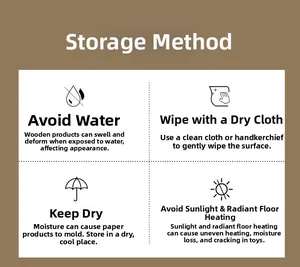 Maintenance guide for wooden educational toys showing care and storage instructions