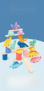 Macro detail of colorful wooden dinosaur stacking blocks and balance board game