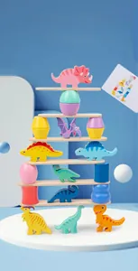 Detailed view of colorful wooden dinosaur stacking blocks and balance beams for kids
