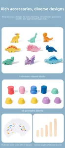 Detailed view of wooden dinosaur blocks, geometric pieces, and pattern guide cards