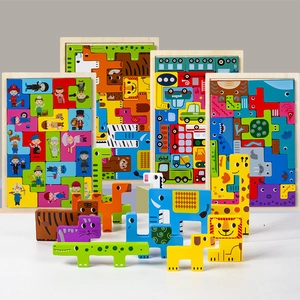 Puzzle Montessori Tetris en Bois pour Enfants Éducatif 3D Animaux Transport Blocs de Construction Jouet Cognitif