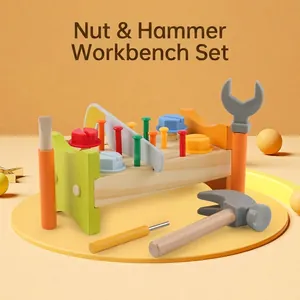 Educational wooden tool workbench toy with colorful nuts and hammers for fine motor skills