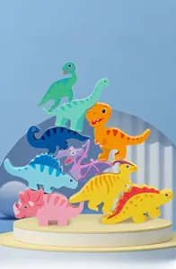 Detail shot of eight colorful wooden dinosaur balancing blocks stacked on a round platform