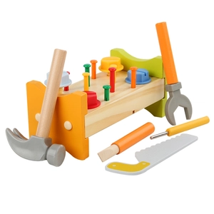Educational wooden workbench toy set for kids with colorful nut and bolt assembly tools