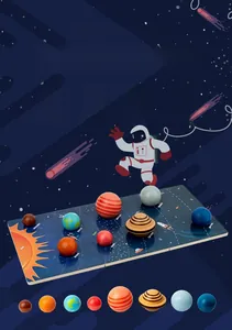 Detail of wooden solar system puzzle with 8 planets and English labels on a navy space board