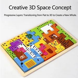 Puzzle 3D en bois avec animaux colorés lion zèbre et tigre pour éveil créatif