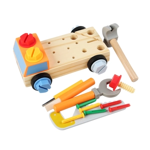 Educational wooden construction truck toy set with colorful nuts and tools for kids