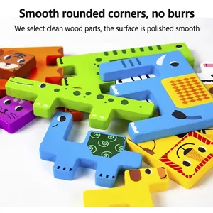 Puzzles en bois colorés en forme d'animaux comme crocodiles et éléphants pour enfants