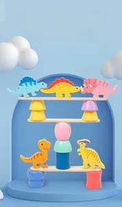 Close-up of colorful wooden dinosaur stacking blocks and balance beams for educational play