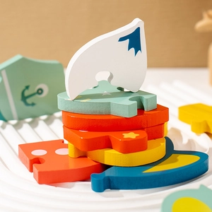 Marine wooden building blocks puzzle for toddlers with sailboat and anchor shapes