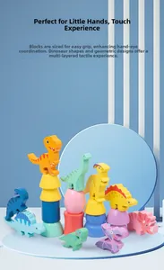Detail showing colorful wooden dinosaur blocks and geometric bases for tactile play