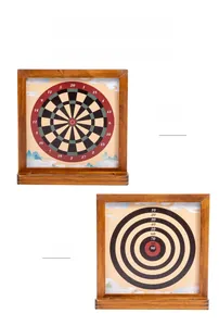Double-sided wooden dartboard set showing professional competition and casual scoring modes