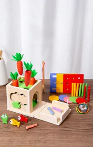 Close-up of 8-in-1 wooden Montessori box with carrots, magnetic fish and colorful shapes