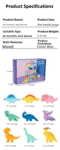 Detailed size specifications for dinosaur wooden balancing blocks and gift packaging