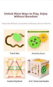 Detail of Montessori wooden sensory box with gears and magnetic carrot harvest modules