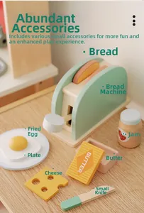 Detailed view of an 8-piece wooden toy toaster set with play food and utensils